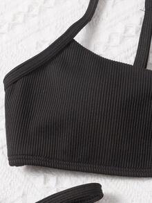 Swim Basics Summer Beach Ribbed Bikini Set Adjustable Strap Cami Top & Tie Side Thong Bottom 2 Piece Bathing Suit - Black - View 3