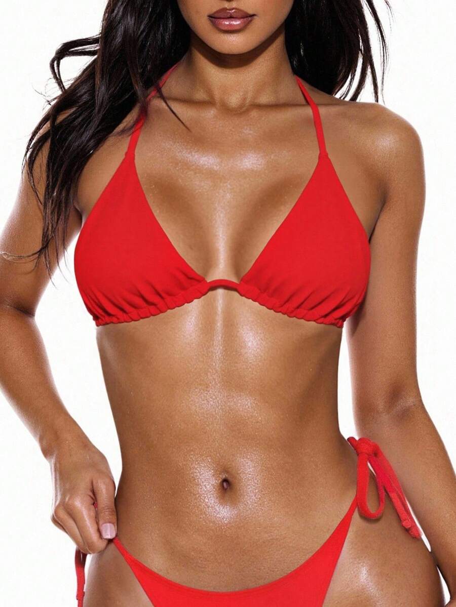 Swim Basics Women's Solid Color Halter Tie Sexy Bikini Top, Summer Beach