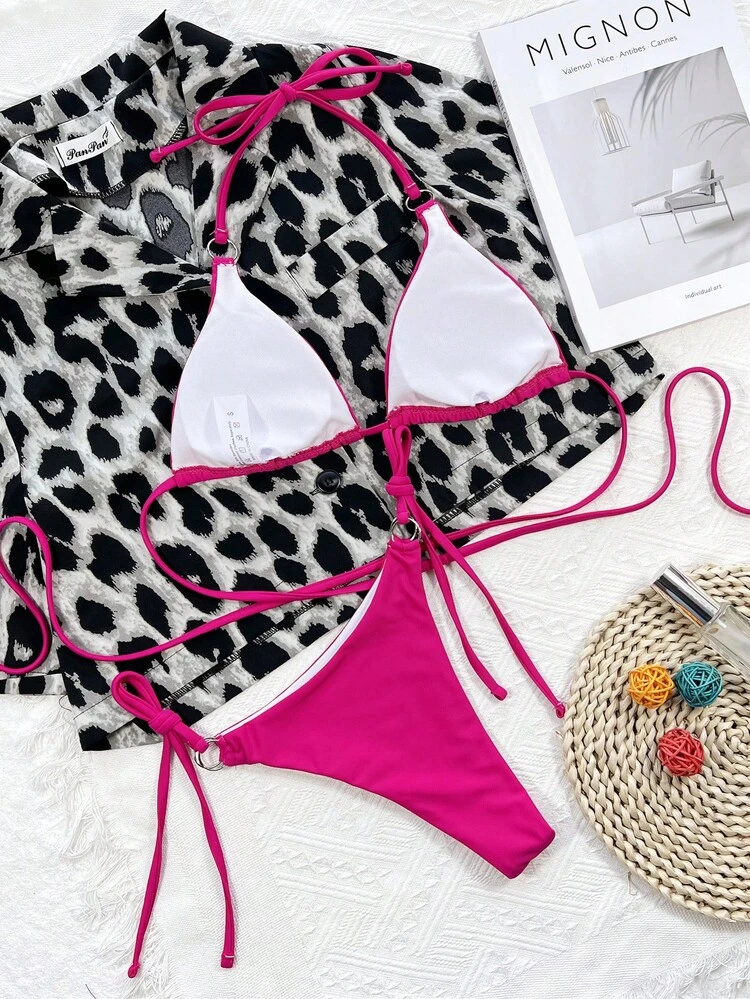 Women's Solid Color Halter Tie Sexy Triangle Cup Low Waist Bikini Swimsuit Set