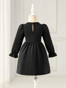 Glamorique Kids Baby Girl Elegant Solid Color Contrast Bow Decor Long Sleeve Party Dress, Autumn/Winter - Black - View 2