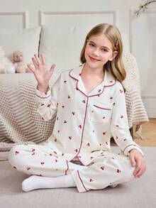 SHEIN Girls' Cherry Print Bubble Crinkle Button-Up Shirt Set - Apricot - View 4