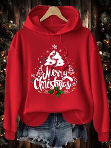 SHEIN LUNE Red And White,Autumn,Smart Casual,Festa Christmas Tree Graphic Print Plus Size Hooded Sweatshirt,Loose Fit Thick Long Sleeve Family Matching Hoodie - Red - View 8