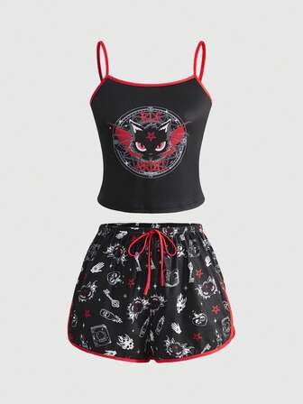 Goth Conjunto de pijama de mujer con diseño gótico de gato demonio, cielo estrellado, libro mágico y llave esqueleto con ribete de contraste