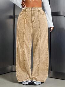 SHEIN ICON Plus Size Plain Simple Everyday Jeans - Khaki - View 1