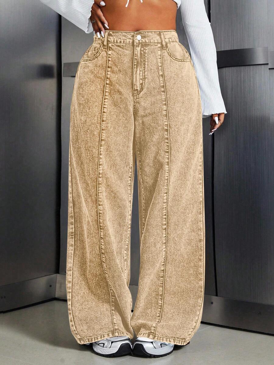 SHEIN ICON Plus Size Plain Simple Everyday Jeans - Khaki - View 1