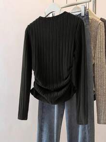 Franclia Blusa elegante de manga comprida com decote em V, cor sólida e cintura franzida. Ideal para primavera, verão, outono e inverno. Cor preta. Blusa feminina elegante, perfeita para um estilo campestre. Blusa moderna para festas e para o dia a dia. - Preto - Ver 2