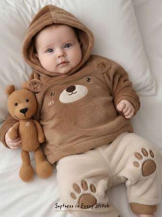 Cozy Pixies Conjunto de 2 piezas de sudadera de cuello redondo de manga larga con forro térmico y pantalón de cintura elástica con estampado de oso de dibujos animados para niño bebé