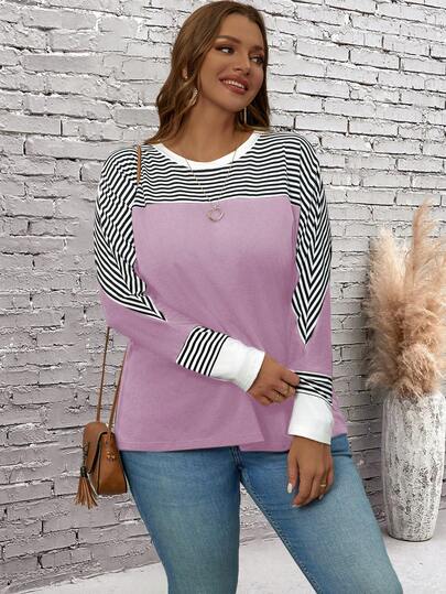 EMERY ROSE Plus Size Women's Casual Striped Batwing Long Sleeve T-Shirt