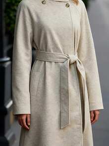 EMERY ROSE 秋冬女装休闲高领纽扣腰带中长款毛呢大衣，老钱风女装/女士办公装/外出装，女士秋装 - 杏色 - 查看 4