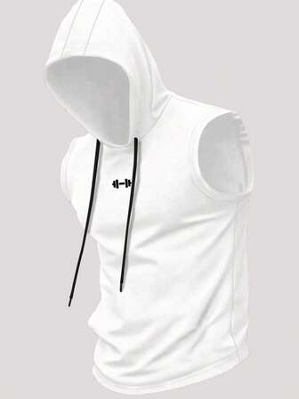 Manfinity Sport PWRUP Men's Barbell Print Drawstring Waist Hooded Sports Tank Top