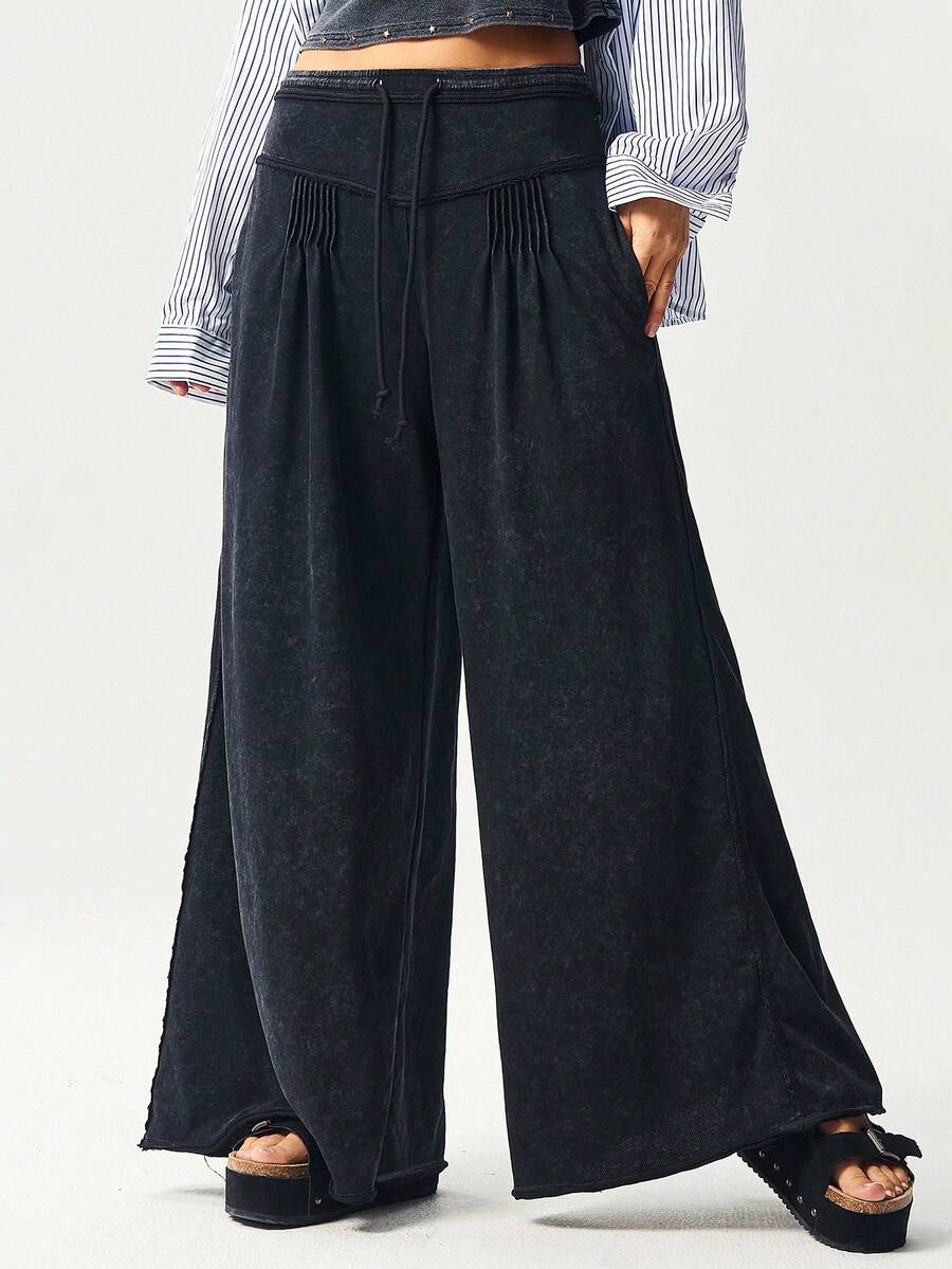 Bohemela Pantalones anchos de punto sueltos de unicolor casuales para mujer