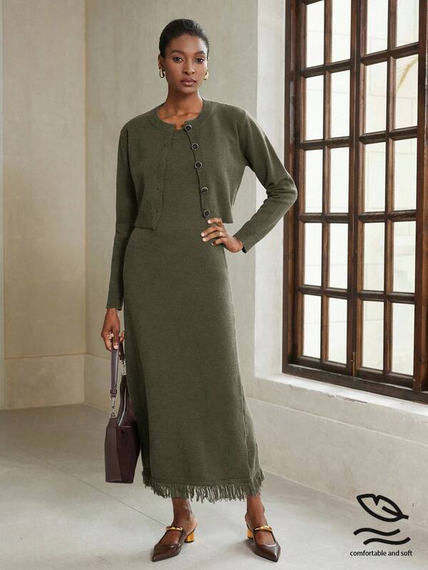 Aveloria Modichic Vestido de tirantes con cárdigan de punto, conjunto de dos piezas - Vestido largo ligero y lujoso para mujer