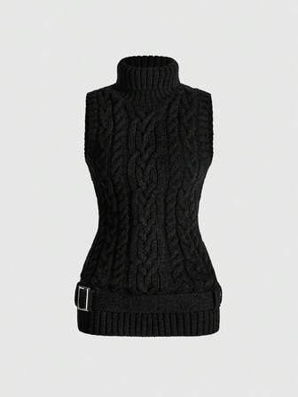 Vintage Textured Turtleneck Fitted Sweater Vest