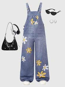 Sparklyn Tween Girl Denim Overalls For Spring & Summer Featuring A Fresh, Sweet And Vibrant Sleeveless Silhouette, With A Relaxed Wide-Leg Cropped Cut. The Light Denim Blue Base Is Adorned With Small Yellow And White Daisy Embroidery, Perfect For Daily Streetwear, School Outfits, Casual Getaways And Other Versatile Occasions. - Blue - View 3