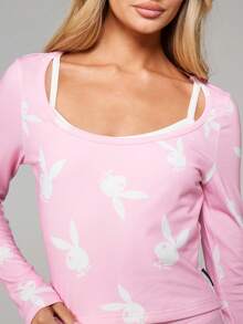 Missguided x Playboy Bunny Print Two Piece Set Long Sleeve Crop Top High Waisted Leggings Lounge Outfit Spring - Pink - View 4