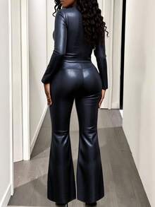 Slaydiva 2025新款大码女式秋冬黑色性感PU鳄鱼纹T恤裤套装，适合女士圣诞节/新年/优雅派对/女士优雅穿搭/日常穿着/宴会街拍/机场打扮/女士感恩节穿着 - 黑色 - 查看 2