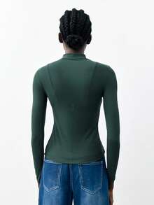 Maija 女士纯色立领插肩袖修身休闲简约衬衫，都市通勤商务休闲外套，感恩节、圣诞节、新年派对、婚礼宾客、办公室穿着的优雅之选，基础休闲款 - 墨綠色 - 查看 3