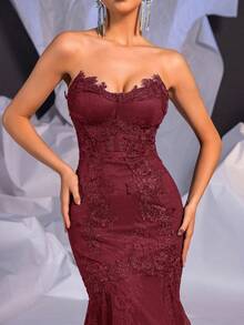 Glamrae Elegant Luxurious Sexy Strapless Contrast Color Lace Sheer French Vintage Lace Sheer Bra Cup Fishbone Lace Mesh Fishtail Train Wedding Dress, For Valentine's Day - Red - View 3