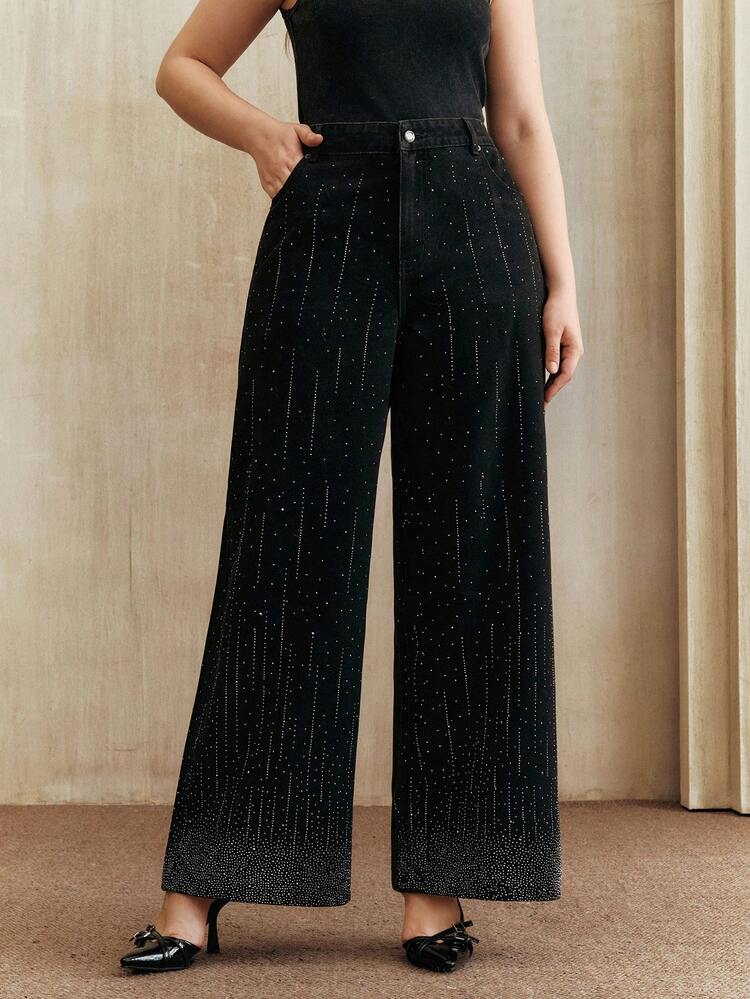 プラスサイズ ファッション通勤 流星シャワー ラインストーン装飾 ワイドレッグジーンズ