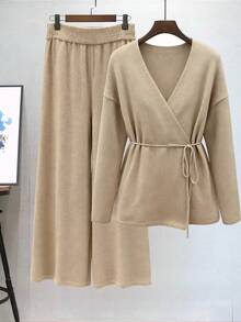 EMERY ROSE 大码女式纯色针织开衫配腰带，秋冬毛衣套装适合圣诞节、万圣节、返校、度假、办公室、休闲 - 卡其色 - 查看 1