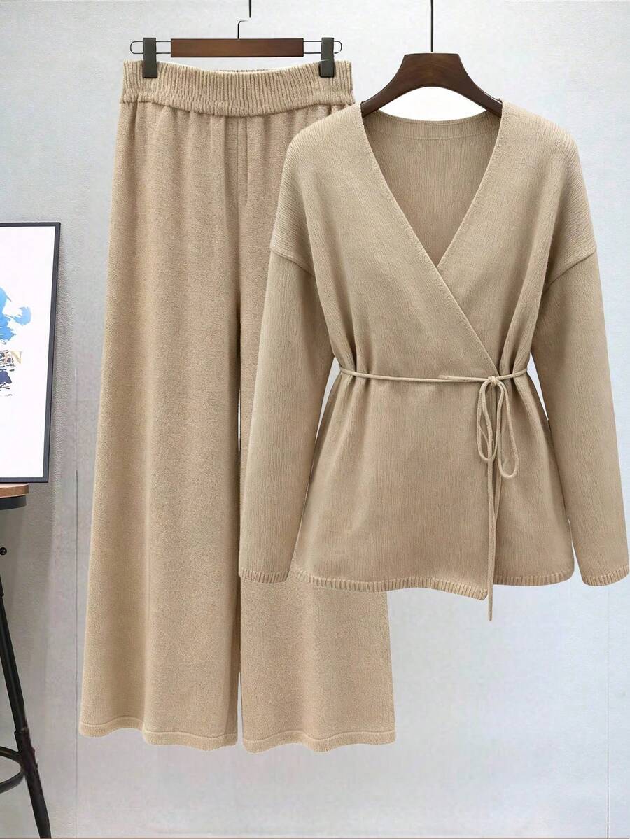 EMERY ROSE 大码女式纯色针织开衫配腰带，秋冬毛衣套装适合圣诞节、万圣节、返校、度假、办公室、休闲 - 卡其色 - 查看 1