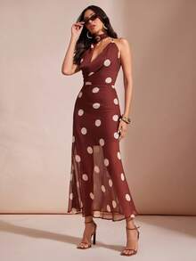 L'Amorae 女士波点雪纺垂领连衣裙，围巾，休闲垂领中长款 - 藍白色 - 查看 1