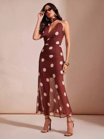 L'Amorae Prickig chiffongklänning med volangringning, halsduk, avslappnad volangringning, draperad midilängd