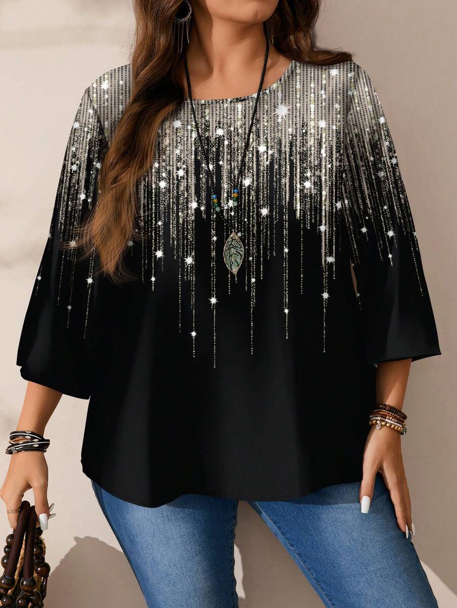 EMERY ROSE Plus Size Women's Autumn/Winter Romantic Casual Full Print Christmas Atmosphere Silver Glitter Pattern Printed Round Neck Loose 3/4 Sleeve Blouse, Black Blouse, Date - Black - View 1