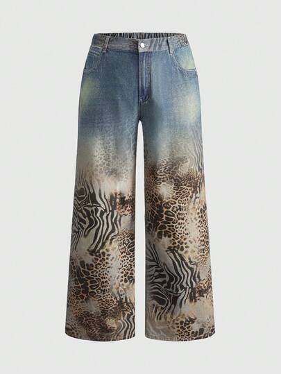 Grunge Punk Plus Size Women Grunge-Punk Y2K Subculture Leopard Tiger Texture Print Jeans, Creative Autumn/Winter Denim Pants
