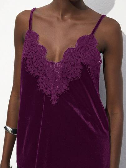 Maija Women's Lace Patchwork Velvet Camisole Top, Business Casual, Elegant Outfit For Valentine's Day, Summer Wedding Guest, Holiday Cami Tops