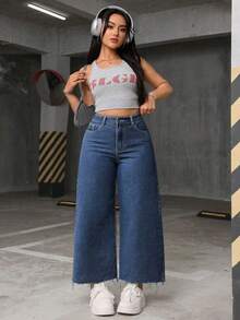 SHEIN ICON Celana Jeans Longgar Kasual Wanita Ukuran Besar dengan Saku dan Ujung Berumbai - Medium Wash - View 4
