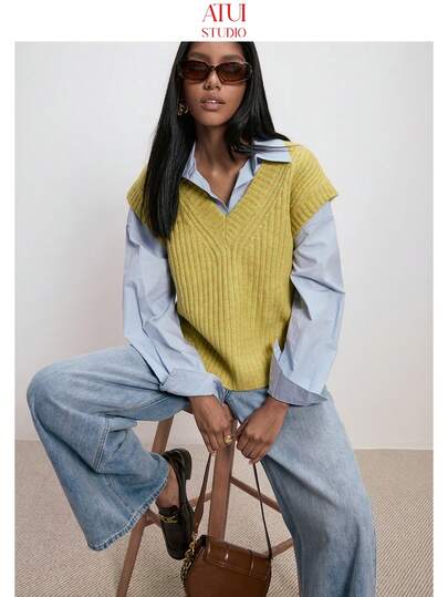 ATUI Studio Damen Lässig einfarbige gestrickte Weste für Herbst/Winter