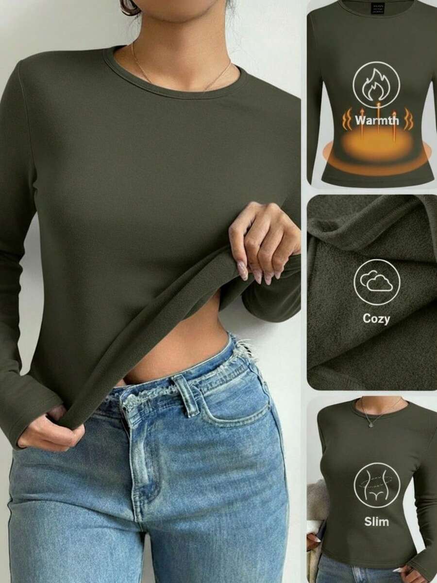 Women's Casual Tight-Fitting Long Sleeve Base Layer T-Shirts, Fall - Verde militar - Ver 1