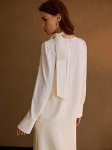 MOTF PREMIUM WOMEN'S SOLID COLOR TIE NECK LIGHTWEIGHT LONG SLEEVE BLOUSE, ELEGANT & VERSATILE - Apricot - View 2
