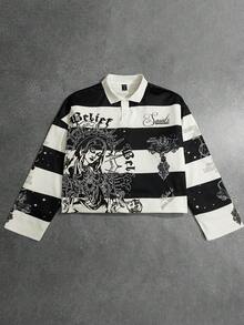 ROMWE MEN Street Life Men's Retro Virgin Mary Striped English Graphic Print Street American Style Polo Sweatshirt - Khaki - View 4