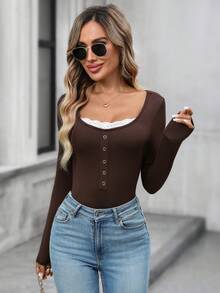 EMERY ROSE Damska koszulka z kontrastową koronką typu raglan z długim rękawem, dopasowana, modna i uniwersalna