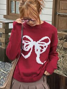 DAZY 少女蝴蝶结圆领落肩长袖毛衣，秋季圣诞 - 酒紅色 - 查看 4