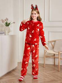 Conjunto de pijama de pantalón y top de manga larga con muñeco de nieve de peluche para niña preadolescente - Multicolor - Ver 3
