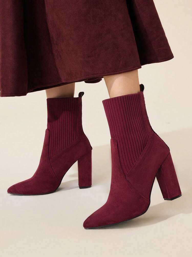 CUCCOO BASICS Women's Pointed Toe Chunky Heel Burgundy Fashion Elegant Commute Simple Daily All-Match Versatile Knit Mid-Calf Ankle Boots
