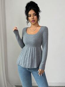 Elenzga Áo len dài tay cổ tròn viền bèo nhún dễ thương cho nữ - Xám - Xem 5