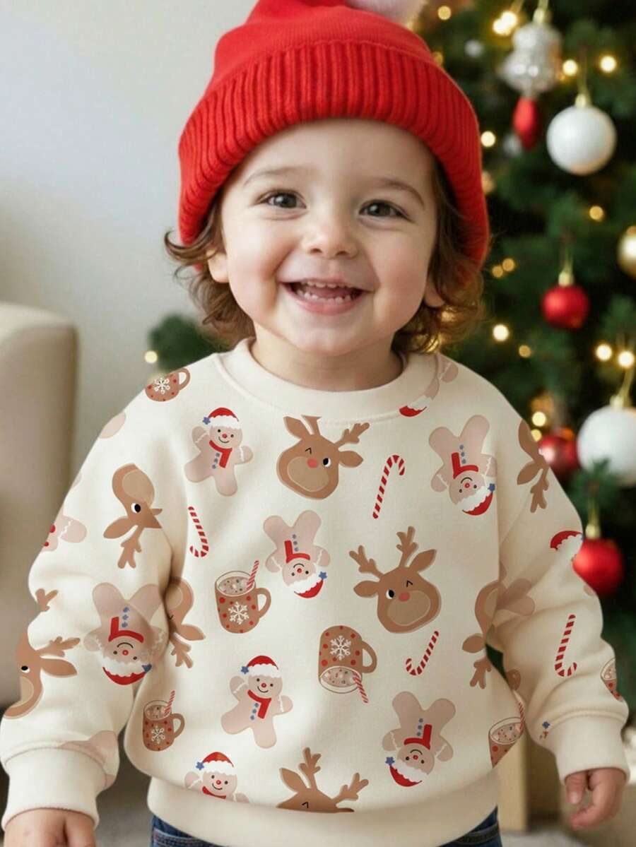 SHEIN Baby Boy Beige Autumn Funny Graphic Birthday Christmas Pullover Sweatshirt,Gingerbread Man&Christmas Tree Pattern,Loose Fit Cozy Knit Soft Crew Neck - Multicolor - View 1