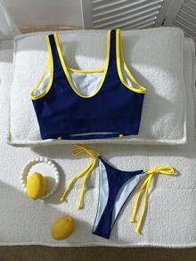 Swim Vcay 女士休闲度假巴西字母印花比基尼套装，春夏款 - 藏蓝色 - 查看 5