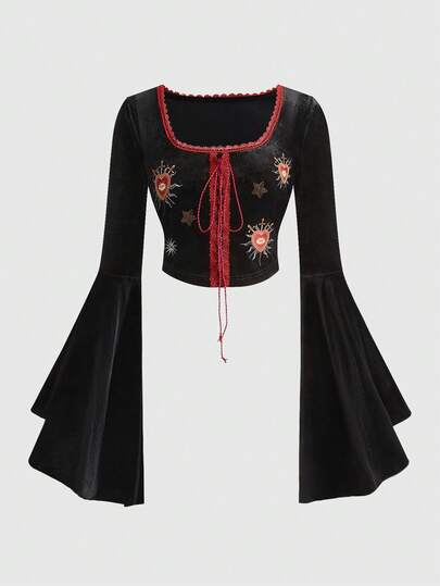Goth Maglietta aderente in velluto da donna con ricami di streghe, cuori, croci e stelle, versatile