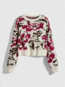ROMWE Fairycore Oversized Floral Jacquard Knit Round Neck Long Sleeve Sweater For Women - Multicolor - View 1
