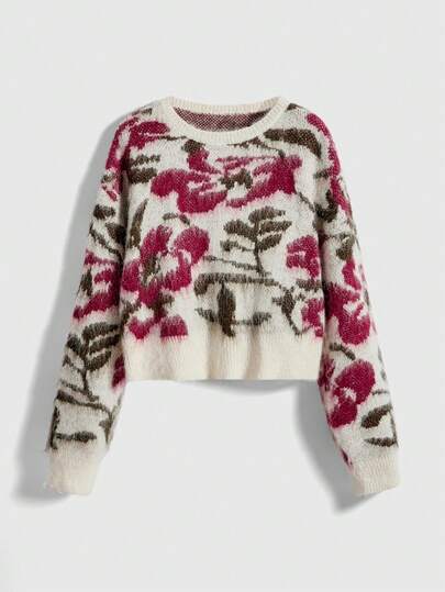 Fairycore Suéter de cuello redondo de manga larga con estampado floral jacquard oversize para mujer