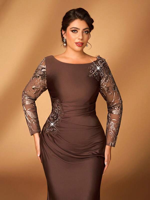 Serin Elegantes, luxuriöses Meerjungfrauenkleid in Große Größen mit bestickter Spitze, Patchwork, elastischem Satin, Raffungen und transparenten langen Ärmeln mit Applikationen, geeignet für Hochzeiten, Partys, Urlaub, Bälle, Brautmutterkleider