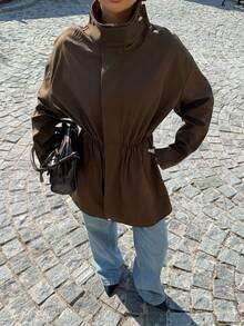 Muchica Women's Dark Brown Stand-Up Collar Turtleneck Mid-Length Belted Trench Coat,French Style Double-Breasted Jacket For Autumn Casual Occasion,Elegant - Brown - View 5