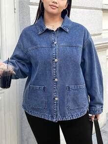 SHEIN EZwear 大码女式冬季加厚保暖牛仔外套 - 深色水洗藍 - 查看 6