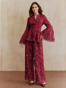 Anewsta 镂空直筒无弹力休闲优雅女裤，适合秋季、冬季、春季、新年、派对、婚礼、优雅、时尚、别致、潮流、圣诞节、外出等场合 - 酒紅色 - 查看 6