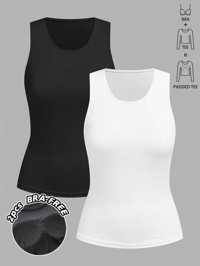 Tseoso 2pcs Women's Casual Crew Neck Ruched Waist Fitted Padded Tank Top Set, Basic Top, All-Season Wear, Vintage Cute Summer, Softgirl Style, Summer Outing Essential, Loungewear, Back To School, Fall Versa